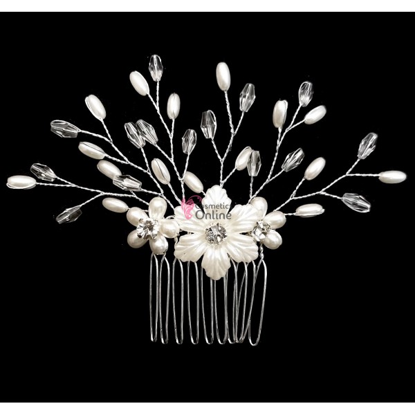 Accesoriu elegant pentru decor par AP033 Argintiu cu cristale si perle - HandMade